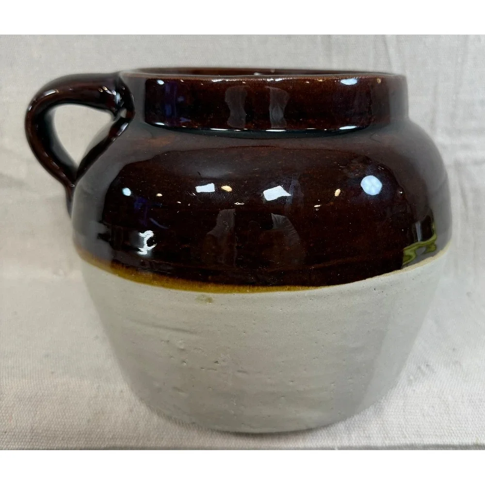 Vintage 2 Tone Stoneware Bean Pot Brown Cream Crock Star Mark 2 Farmhouse Decor
